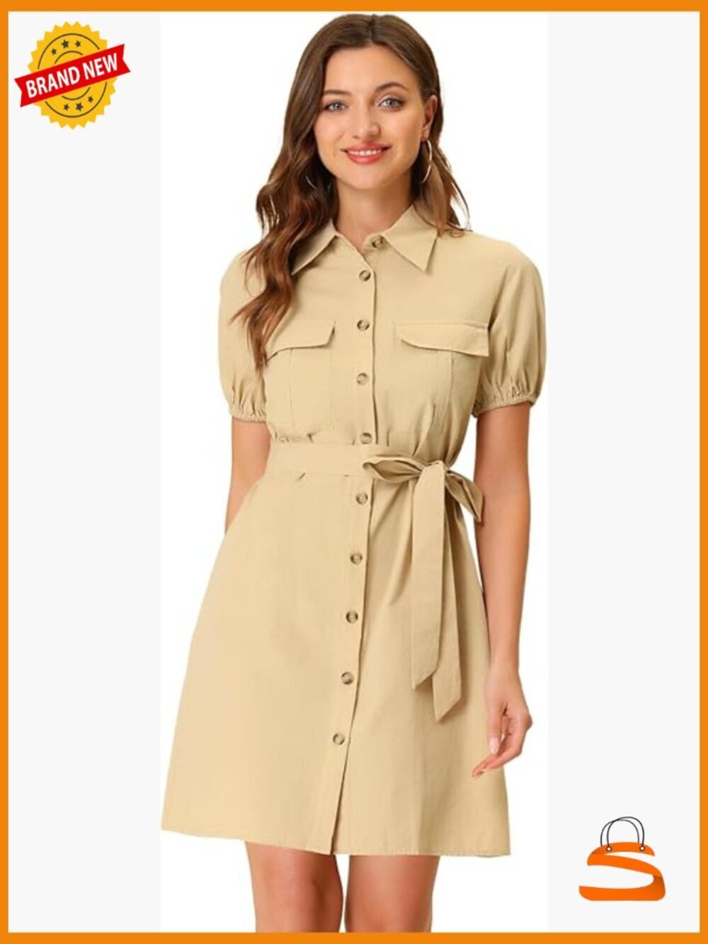Women's Safari Dress Cotton Button Down Short Sleeve Tie Waist Shirt Dress